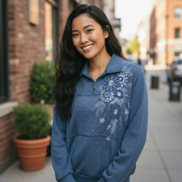 Alfred Dunner Small Blue Flower Embroidered Quarter Zip Sweatshirt Shirt Size S - Picture 1 of 10